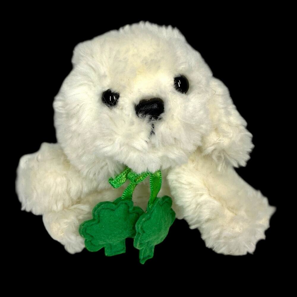 Russ Berrie Tiny White Maltese Bichon Frise Puppy Dog Irish Shamrock Green Leash